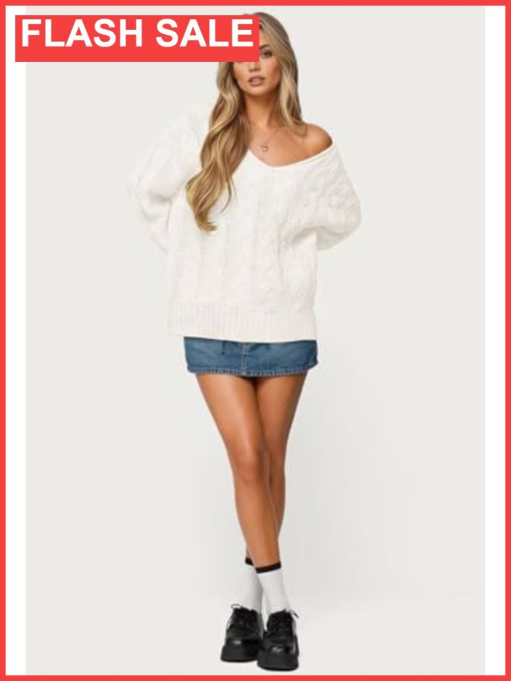 Oversized Cable Knit V-Neck Long Sleeve Pullover Sweater - Picture 5 of 6